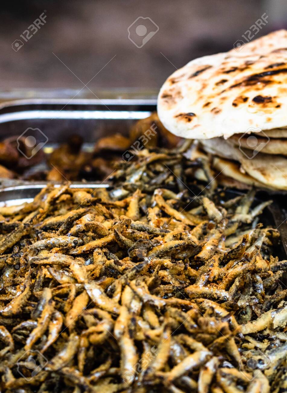 Fried Little Fish In Market Or Food Festival Food Truck Food