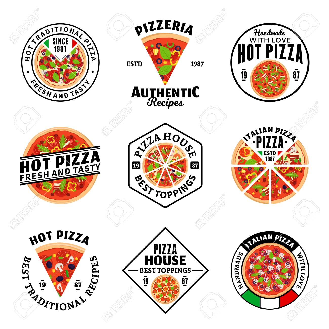 Vector Pizza Logo Icons And Design Elements For Pizzeria Fast Royalty Free Cliparts Vectors And Stock Illustration Image