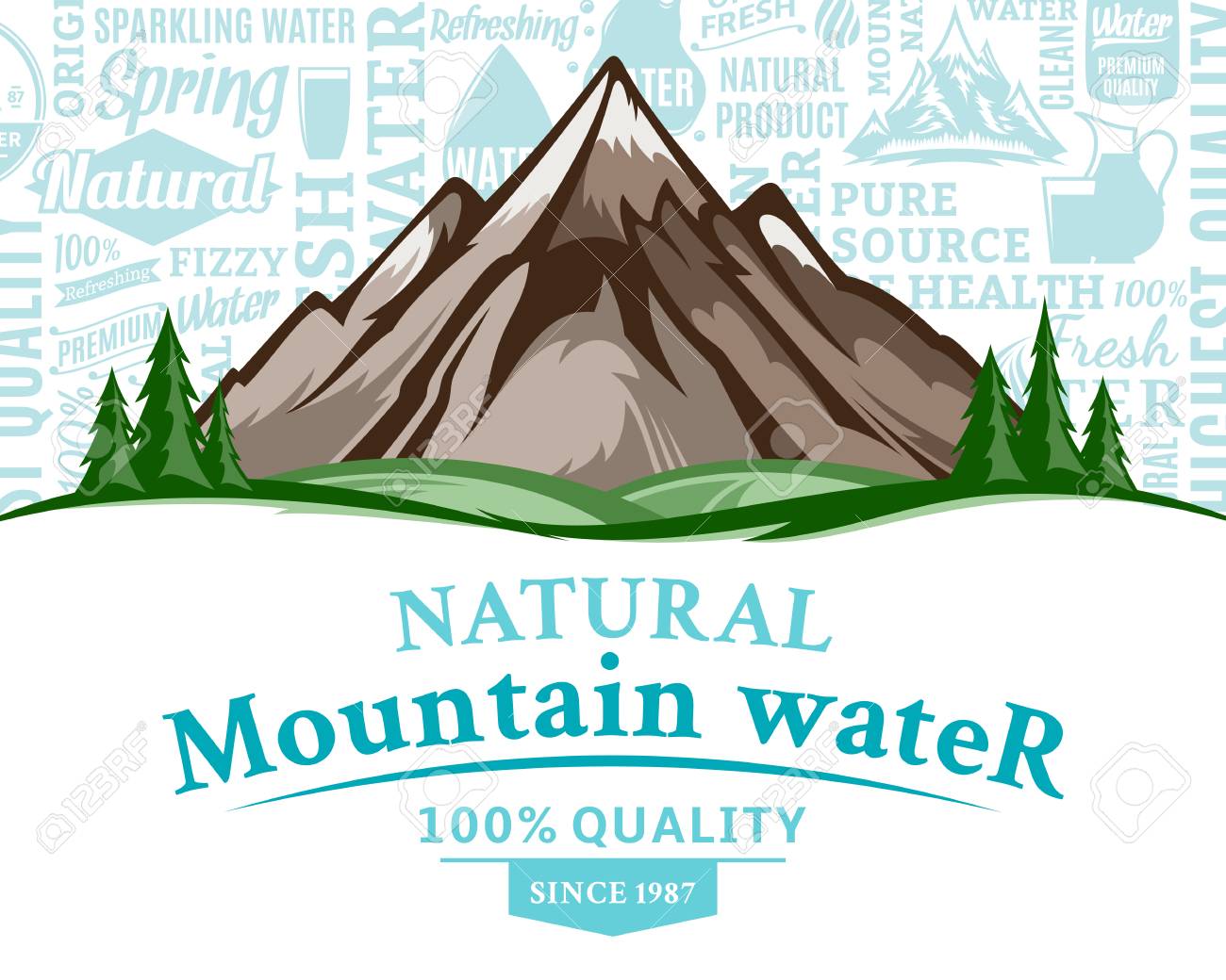 山の風景 多くの水のアイコン スプラッシュやデザイン要素とベクター自然の山の水のイラスト のイラスト素材 ベクタ Image