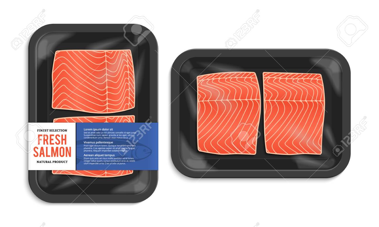 Download Vector Salmon Packaging Illustration Black Foam Tray With Plastic Royalty Free Cliparts Vectors And Stock Illustration Image 112832303