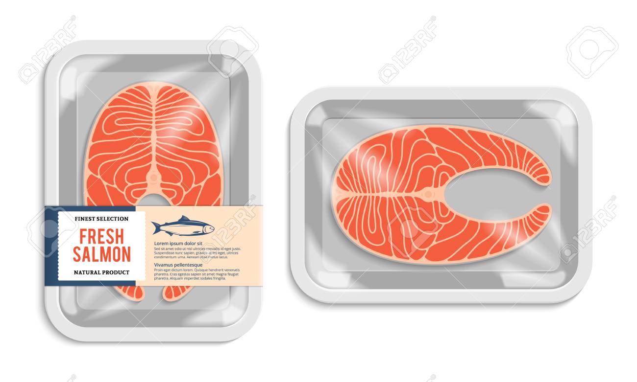 Download Vector Salmon Packaging Illustration White Foam Tray With Plastic Royalty Free Cliparts Vectors And Stock Illustration Image 112832339