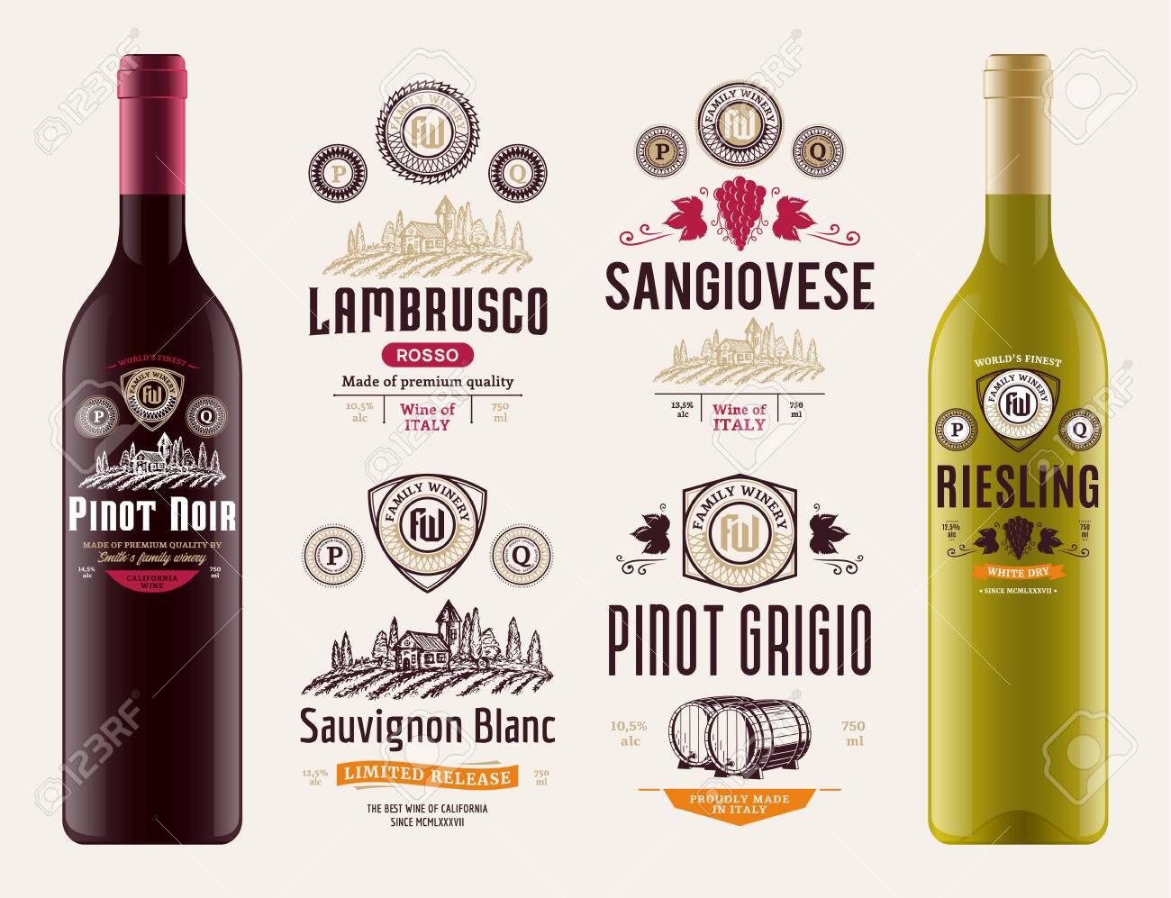 Download Vector Vintage Red And White Wine Labels And Wine Bottle Mockups Royalty Free Cliparts Vectors And Stock Illustration Image 123757399
