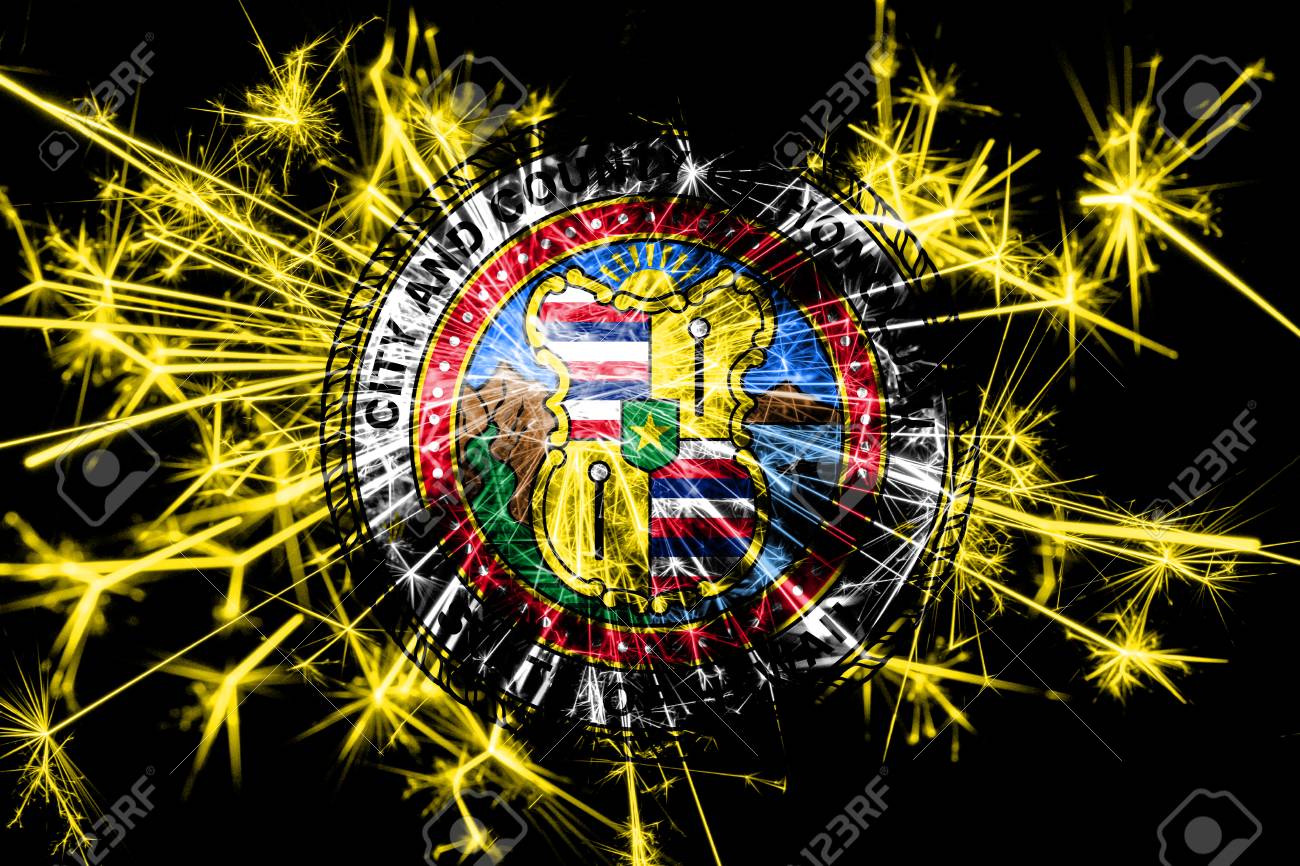 Christmas In Honolulu 2019 Honolulu, Hawaii Fireworks Sparkling Flag. New Year 2019 And Christmas In Honolulu 2019 Honolulu, Hawaii Fireworks Sparkling Flag. New Year 2019 And