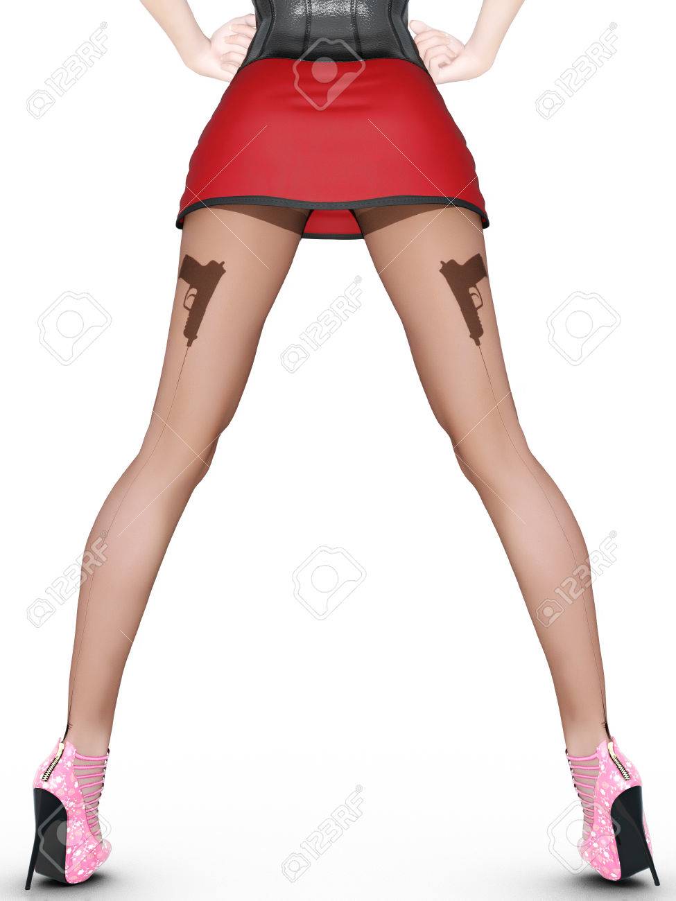 Dark Nylon Tights With Guns, Bullets And Trajectory Line. Short Skirt.  Female Domination. Sexy Slim Female Legs In Dark Pantyhose. Seductive Pose.  Conceptual Fashion Art. 3D Render Illustration. Stock Photo, Picture and