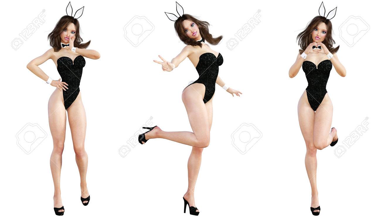 バニーガールを設定します 長い足のセクシーな女性 黒水着と靴 概念的なファッション アート 青い目 魅惑的な率直なポーズ フォトリアリスティックな 3 D レンダリングの図 分離します スタジオ 高いキー の写真素材 画像素材 Image