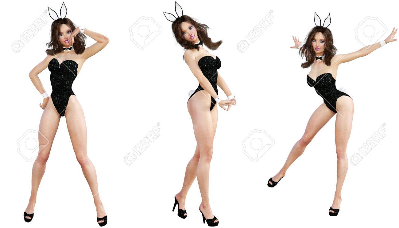 バニーガールを設定します 長い足のセクシーな女性 黒水着と靴 概念的なファッション アート 青い目 魅惑的な率直なポーズ フォトリアリスティックな 3 D レンダリングの図 分離します スタジオ 高いキー の写真素材 画像素材 Image