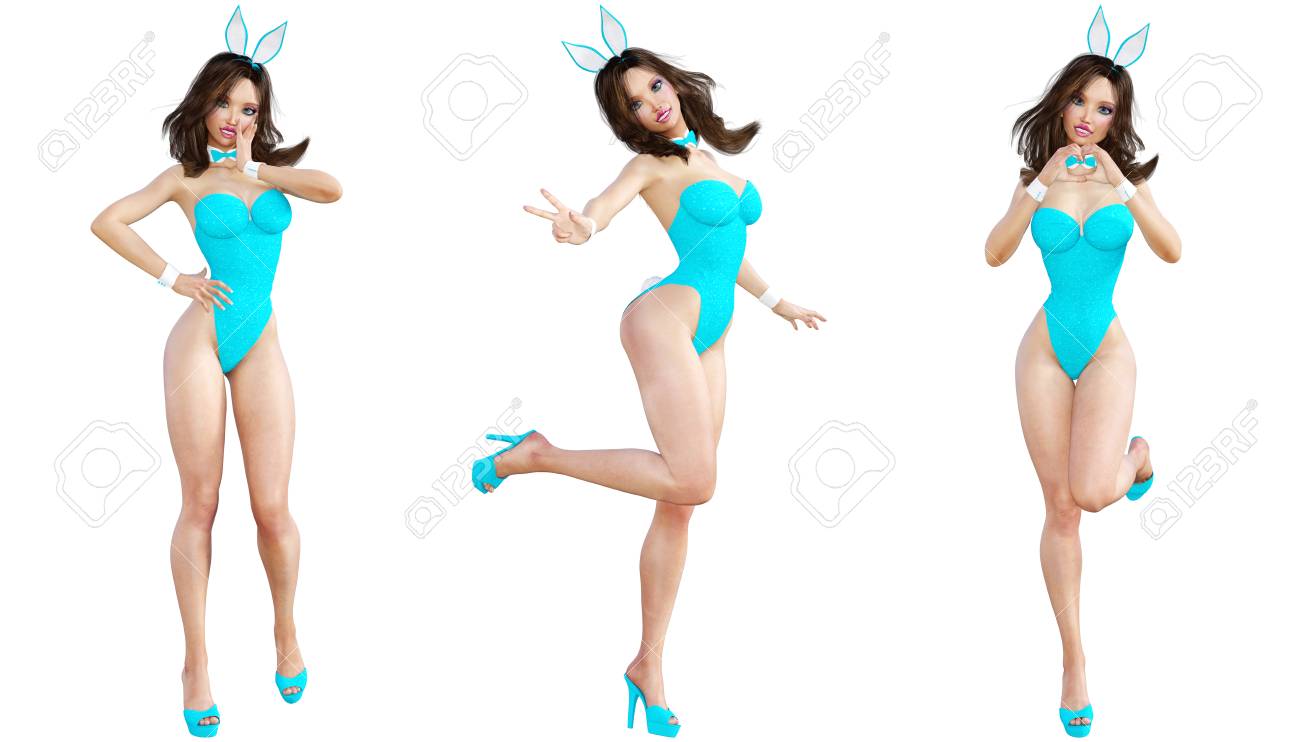 バニーガールを設定します 長い足のセクシーな女性 青い水着と靴 概念的なファッション アート 青い目 魅惑的な率直なポーズ フォトリアリスティックな 3 D レンダリングの図 分離します スタジオ 高いキー の写真素材 画像素材 Image
