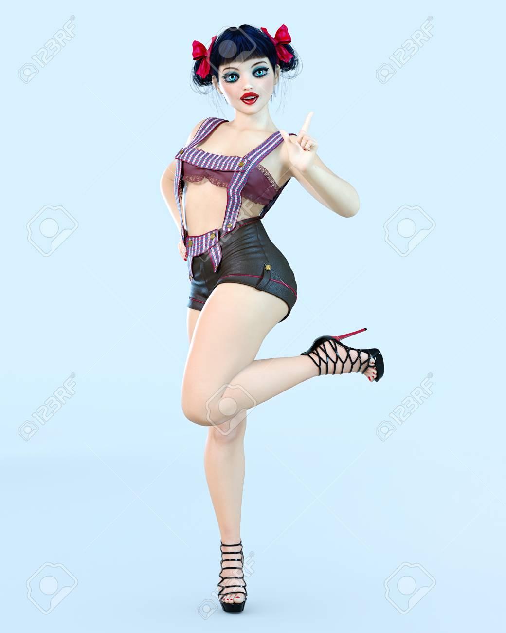 3d Madchen Puppe Grosse Blaue Augen Und Helle Make Up Frau Retro Art Kurzschlusse High Heel Bogen Dunkles Haar Konzeptionelle Modekunst Verfuhrerische Offene Pose Fotorealistische Darstellung Machen Lizenzfreie Fotos Bilder Und Stock Fotografie