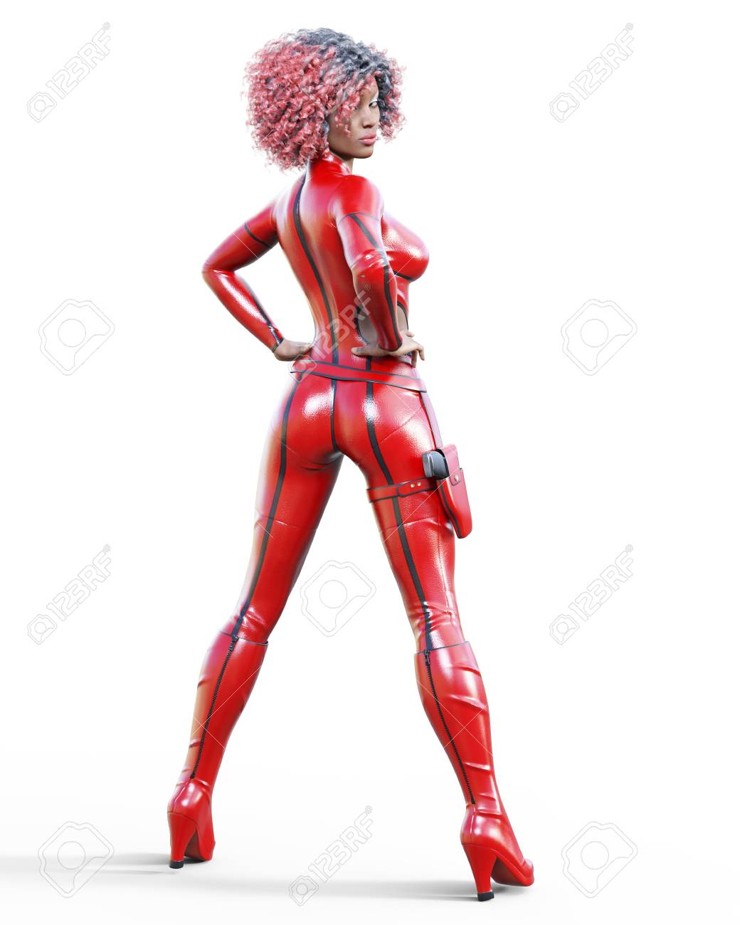 革の赤いボディスーツで3d美しい背の高い女性 ラテックスタイトフィッティングスーツ ホルスターに銃を女の子スタジオの写真 ハイヒール コンセプチュアルファッションアート 魅惑的な率直なポーズ リアルなイラスト の写真素材 画像素材 Image