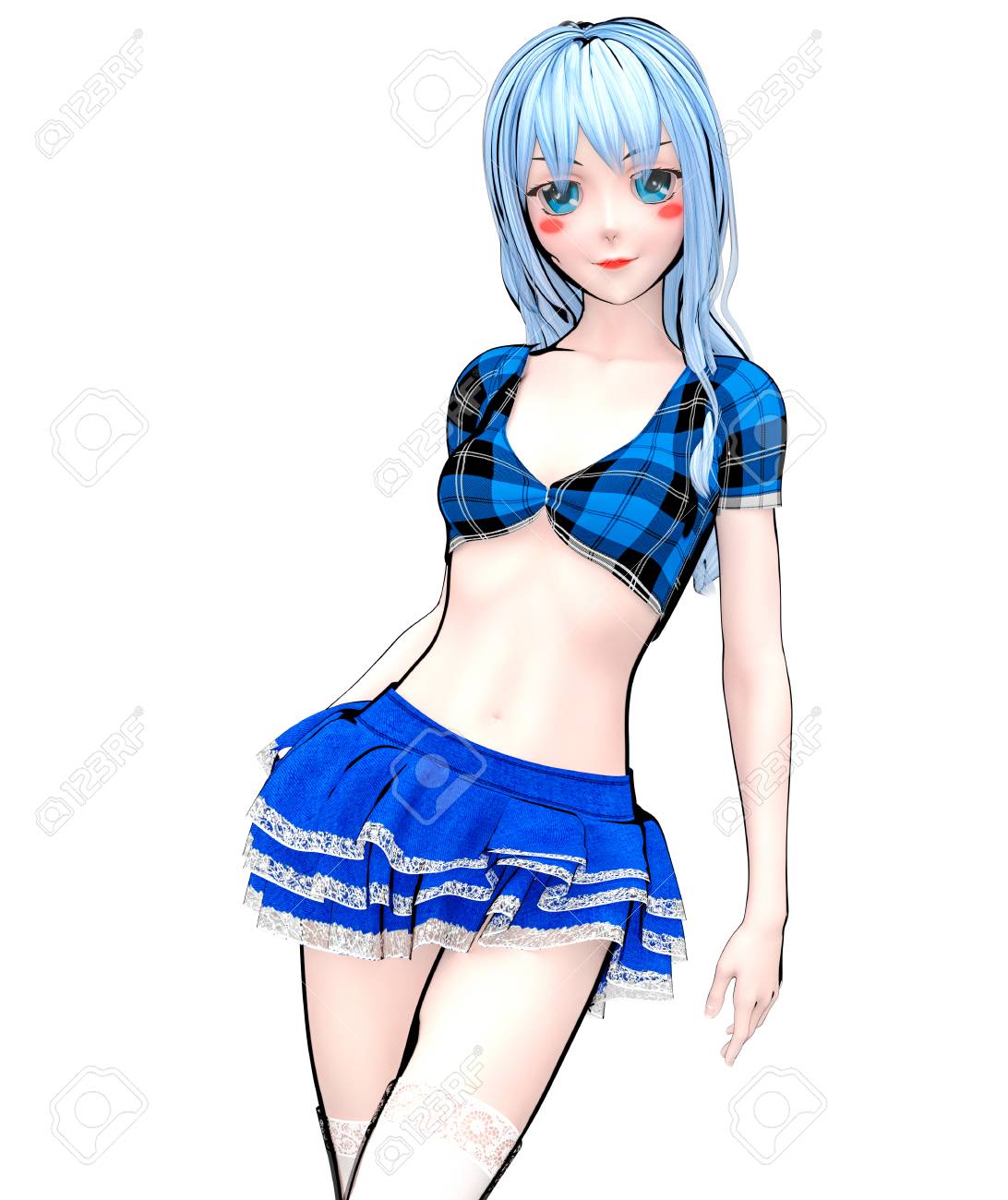 3d sexy anime doll japanese anime schoolgirl big blue eyes bright makeup short blue jeans