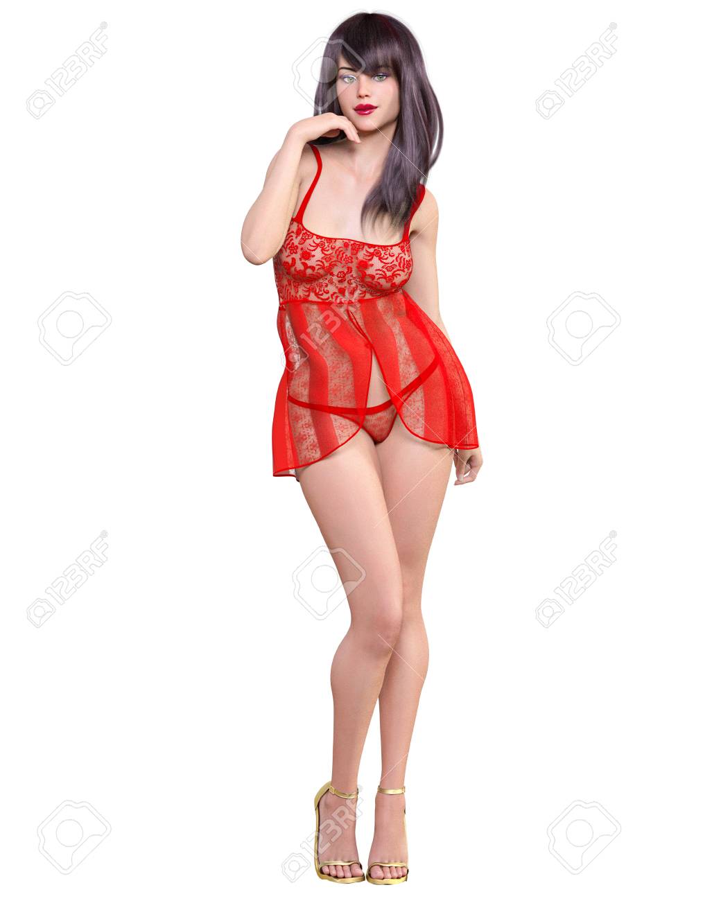美しいブルネットの女性透明の赤い下着。エロティックなペイグノワール。親密なコレクション。明るいメイク。女性スタジオ写真。概念的なファッションアート。魅惑的な率直なポーズ。フェムフェイタル.3Dレンダリング。の写真素材・画像素材  Image 114612180