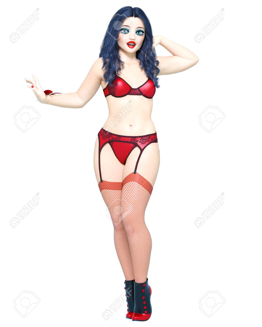 Style conceptual Sexy Big Makeup 3d Bright Red Fishnet Art Girl woman Retro Fashion Cabaret Garter seductive Bikini Burlesque Stockings Doll Eyes Blue wPXNO80kn
