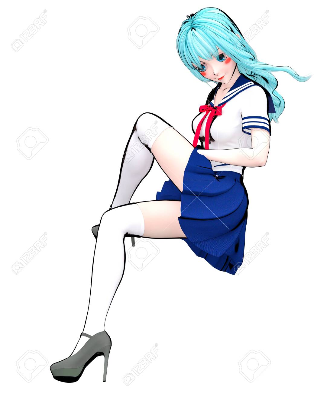 3d Anime Doll Japanese Schoolgirl Big Blue Eyes Skirt Blue White Knee Socks Cartoon Comics Sketch Drawing Manga Illustration Conceptual Fashion Art Isolate Illustration For Popsocket Stock Photo Picture And Royalty Free Image Image