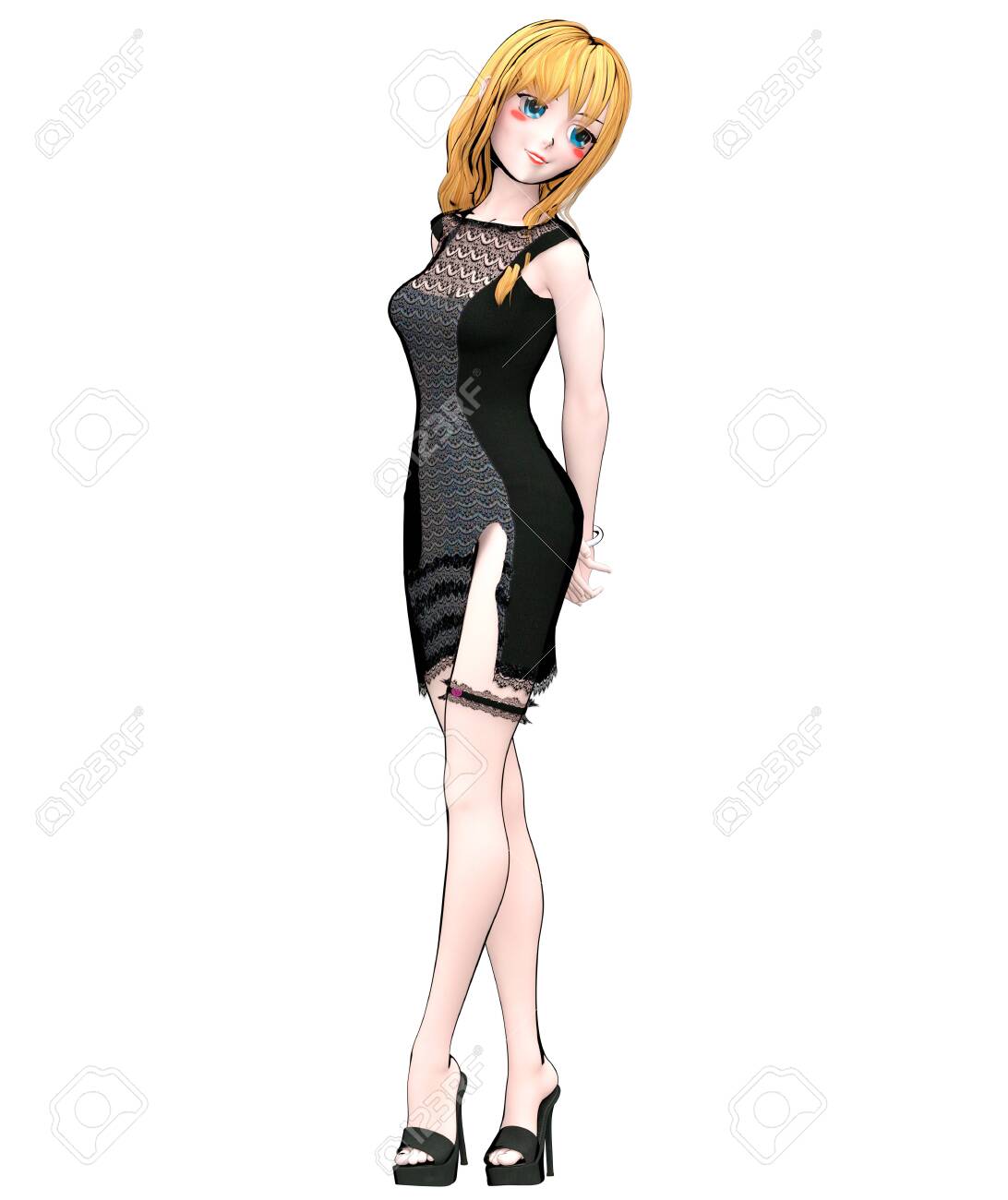 3d Render Anime Doll Japanese Girl Big Blue Eyes Bright Makeup Black Short Dress With Slit Lace Garter On Leg Cartoon Comics Sketch Drawing Manga Isolated Illustration Conceptual Fashion Art Stock Photo Picture And Royalty Free