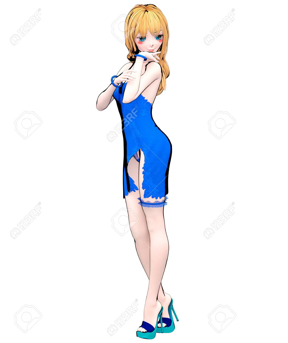 3d Render Anime Doll Japanese Girl Big Blue Eyes Bright Makeup Blue Short Dress With Slit Lace Garter On Leg Cartoon Comics Sketch Drawing Manga Isolated Illustration Conceptual Fashion Art Stock Photo Picture And Royalty Free