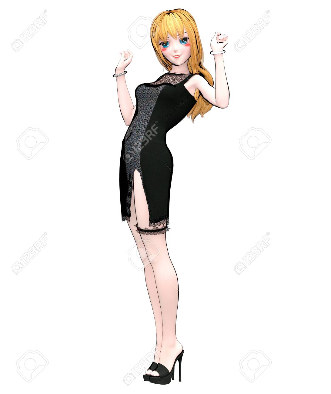 3d Render Anime Doll Japanese Girl Big Blue Eyes Bright Makeup Black Short Dress With Slit Lace Garter On Leg Cartoon Comics Sketch Drawing Manga Isolated Illustration Conceptual Fashion Art Stock Photo Picture And Royalty Free
