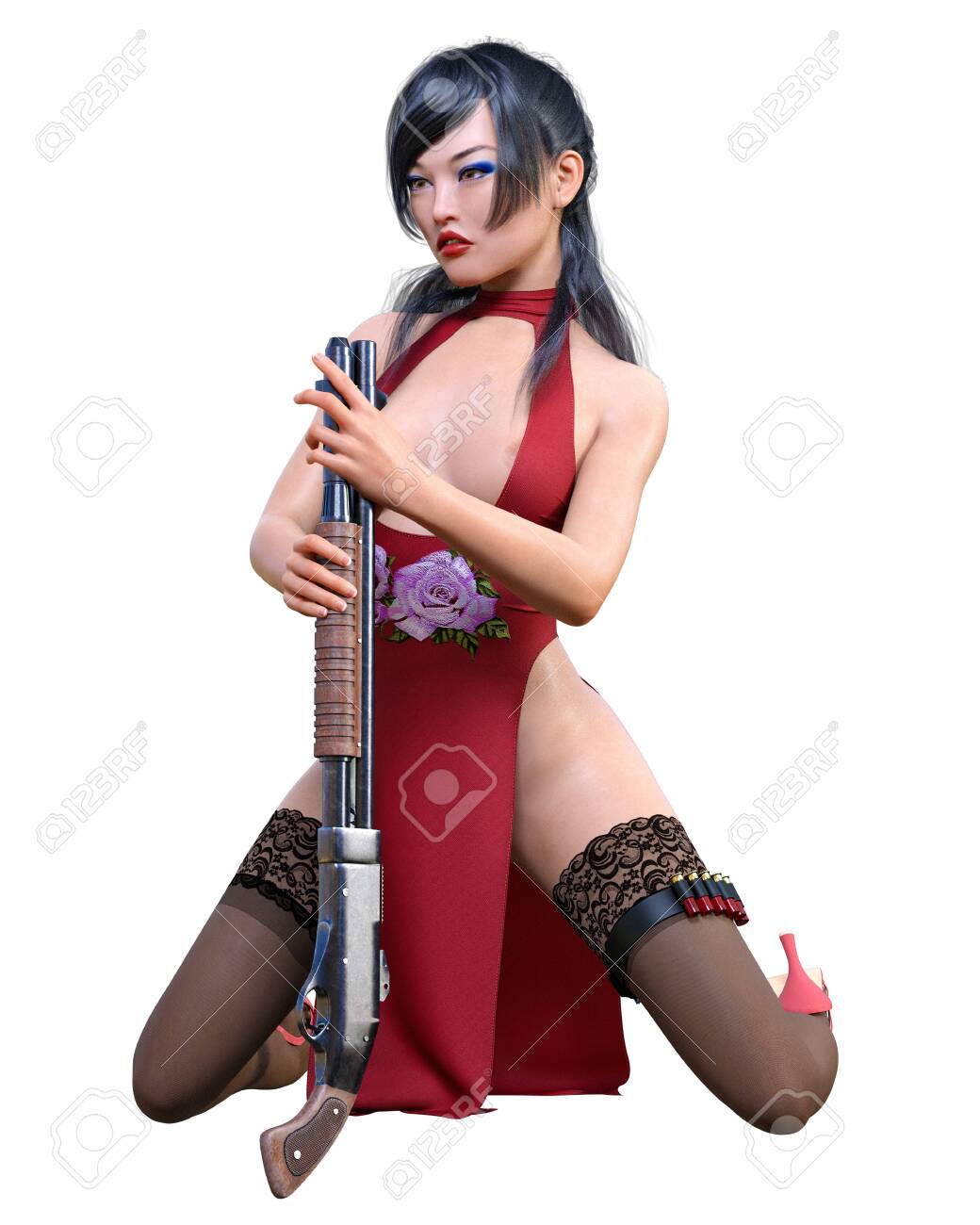 japanese female warriors on 3d Japanese Warrior Amazon Woman Shotgun Render Long Dress With Stock Photo Picture And Royalty Free Image Image 145057808