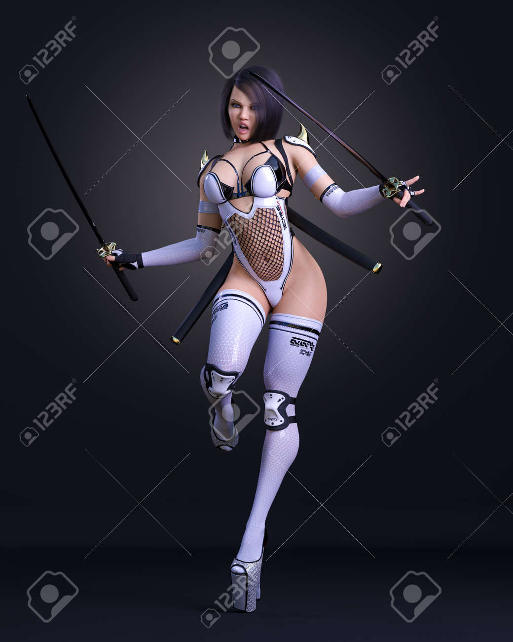 3D Sexy Assassin Woman In Latex And Sword.Conceptual Fashion Art  Illustration.Comic Cosplay Hero.Cartoon, Comics, Manga.Isolated. Stock  Photo, Picture and Royalty Free Image. Image 186883242.