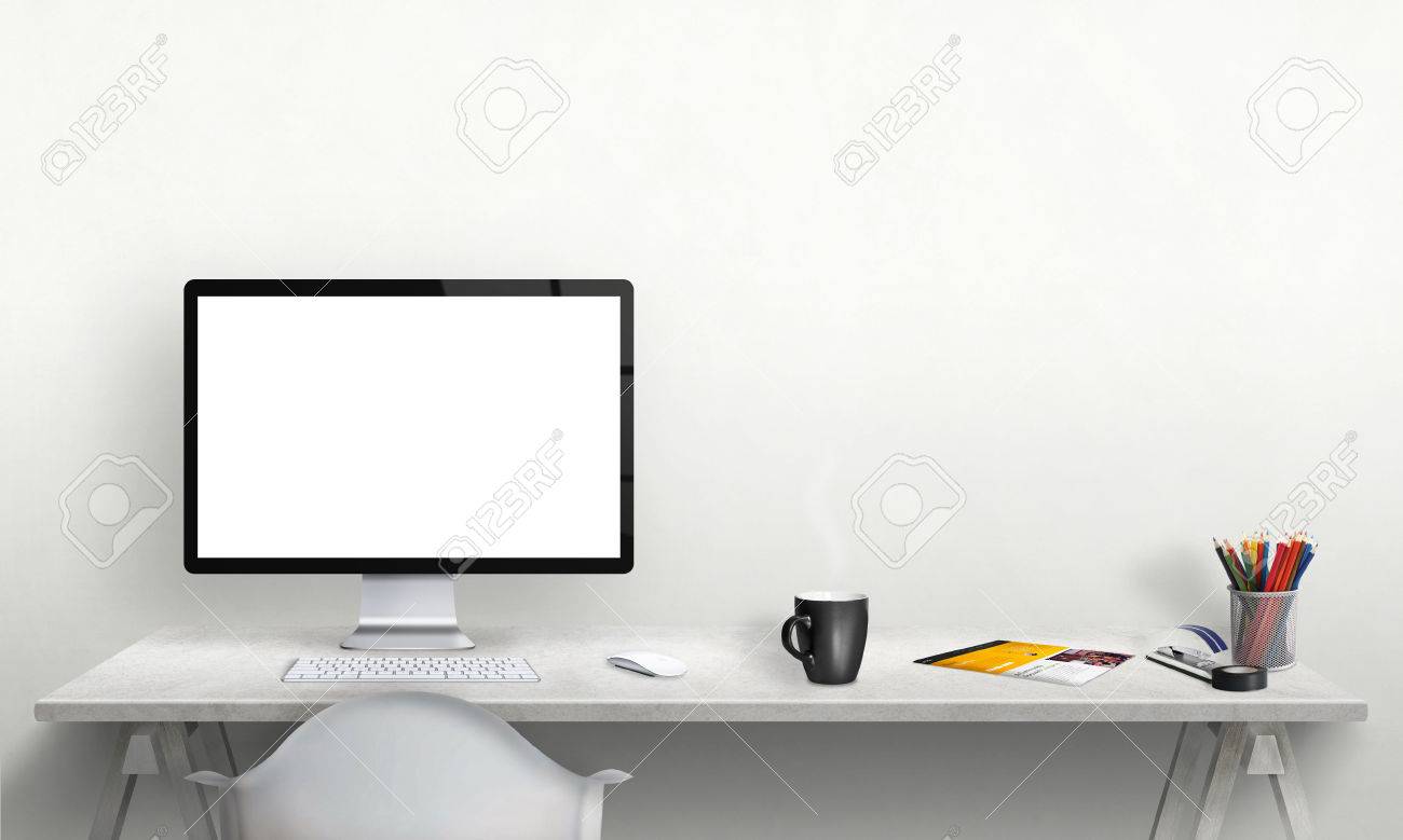 isolated computer display for mockup in office interior work