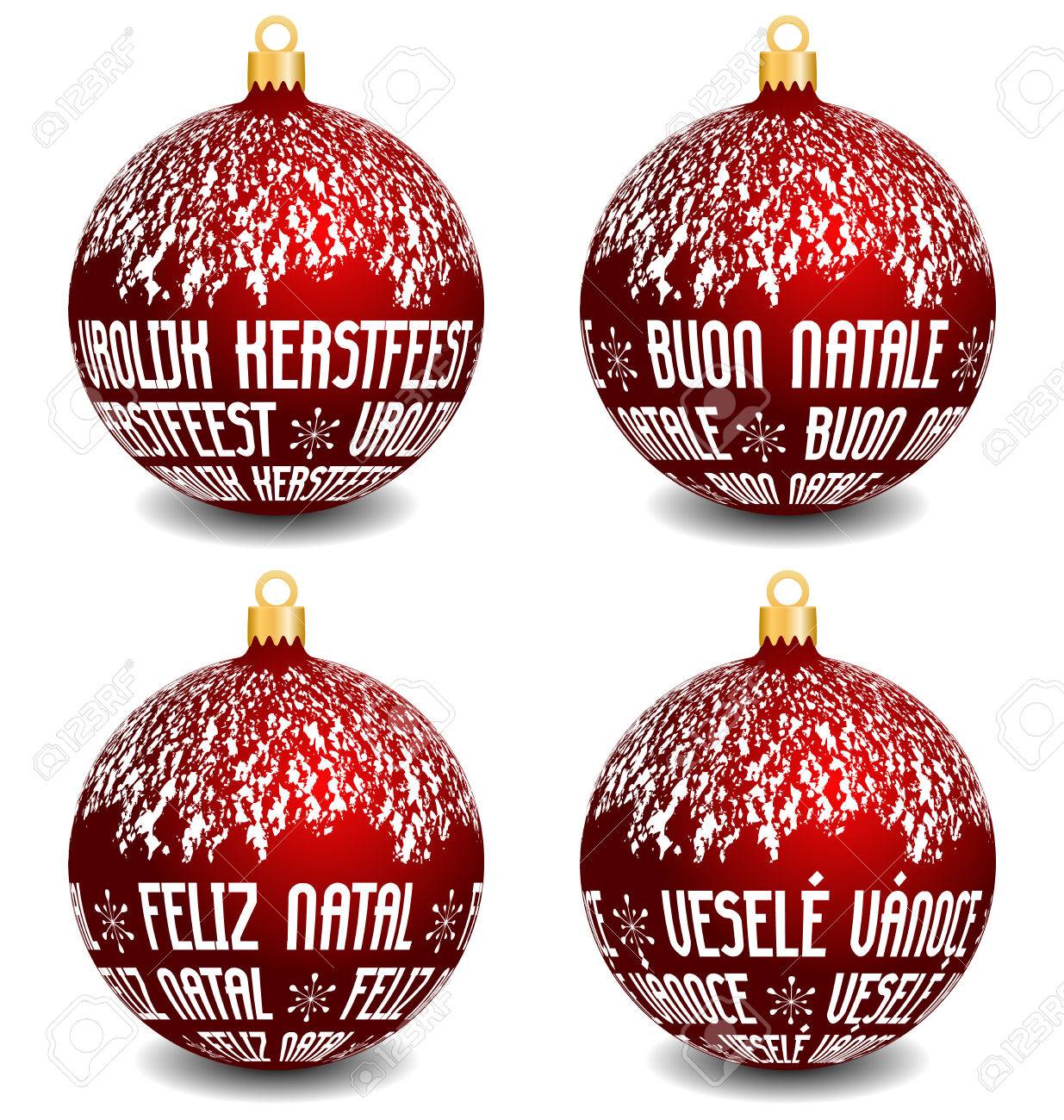 ボールの影をブレンドと雪に覆われた上部のオランダ語 イタリア語 ポルトガル語 チェコ語 メリー クリスマスと赤いベクトル クリスマスのボール オランダ イタリア ポルトガル チェコ語バージョンです のイラスト素材 ベクタ Image