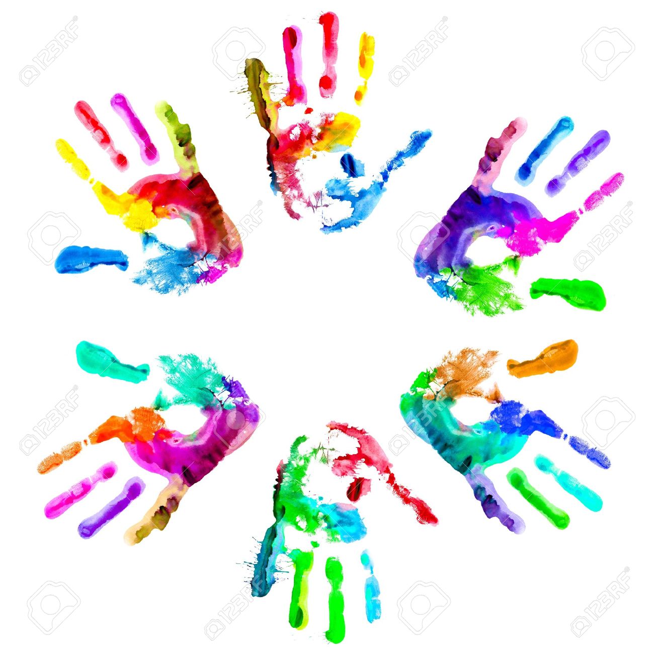 Multi coloured painted handprints arranged in a circle on a white background. - 9698534 Multi coloured painted handprints arranged in a circle on a white background. - 9698534
