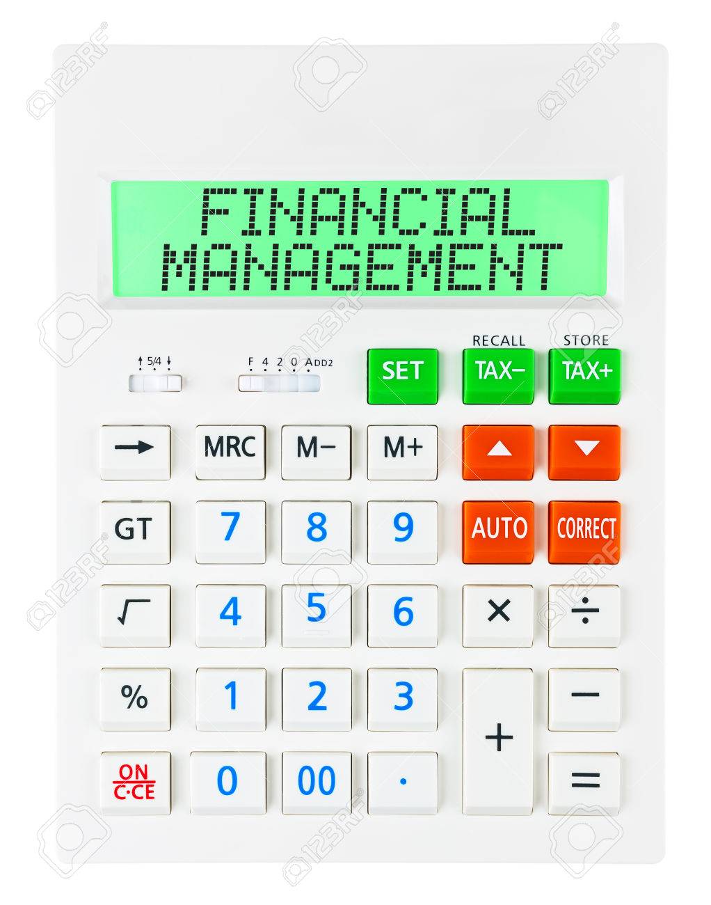 calculator with financial management isolated on display on white financial management calculator