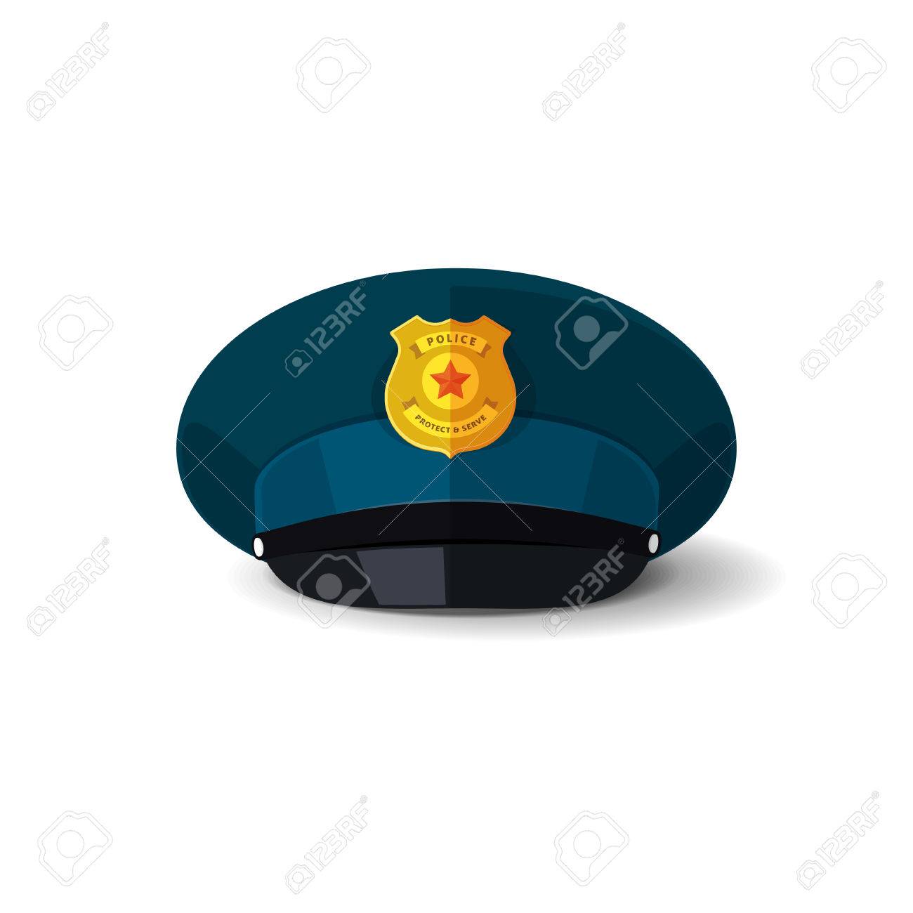 警察帽子ベクトル図では 青い将校警官キャップ黒ピークと警察バッジ デザインが白で隔離 のイラスト素材 ベクタ Image