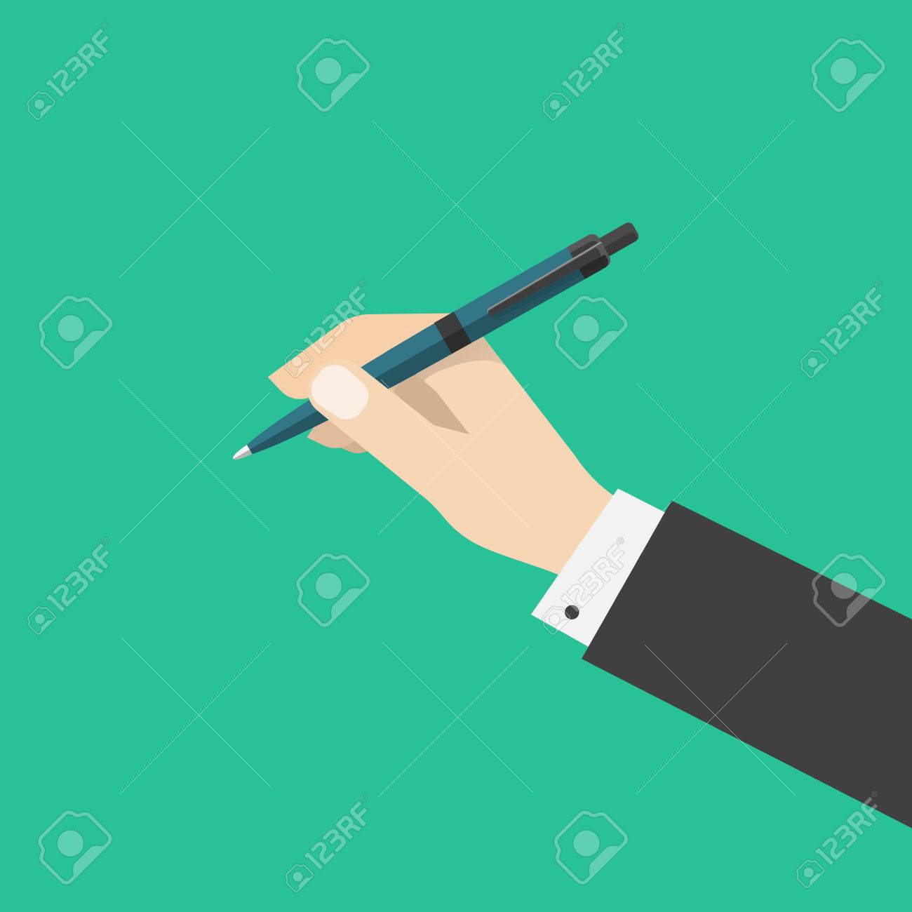 緑の色の背景 ボールペンでフラット漫画手に分離したペンを持っている手 のイラスト素材 ベクタ Image