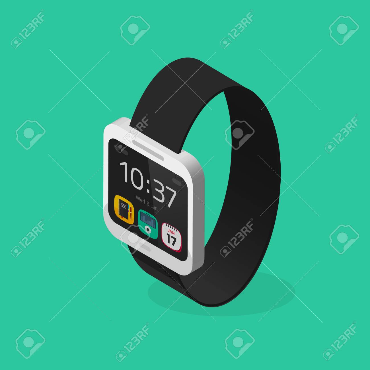 Isométrica estilo blanco elegante reloj de pulsera con la ilustración vectorial negro aislado en el fondo de color verde, un reloj digital con Isométrica estilo blanco elegante reloj de pulsera con la ilustración vectorial negro aislado en el fondo de color verde, un reloj digital con
