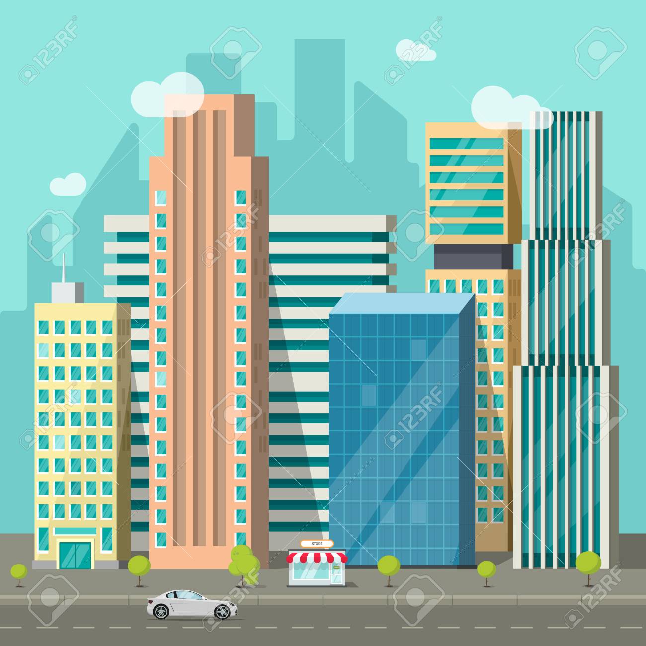 フラット スタイル ビル近くの路や遊歩道エリア モダンな大高層ビル街 都市の街路景観の街並みのベクトル イラスト のイラスト素材 ベクタ Image