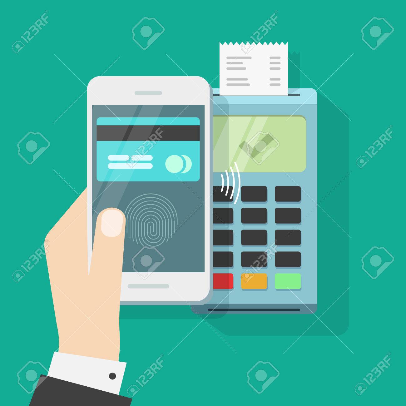 表示のクレジット カードで携帯電話や端末のベクトル イラスト フラット スタイルのスマート フォンで支払いを手に無線し 指紋処理 Nfc 非接触購入する 技術に成功した有料のイラスト素材 ベクタ Image