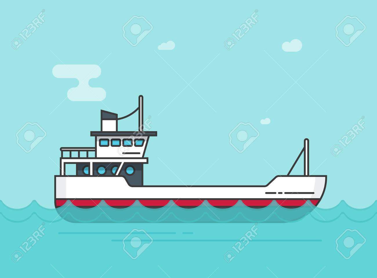 空のベクター イラスト 海や海の水のライン アウトラインのスタイルのフラット漫画ボートヨットの船船浮 のイラスト素材 ベクタ Image