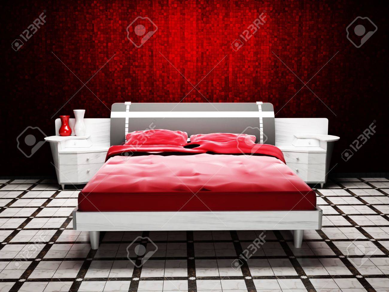 赤と青のベッド付きのベッドルームのモダンなインテリア デザイン の写真素材 画像素材 Image