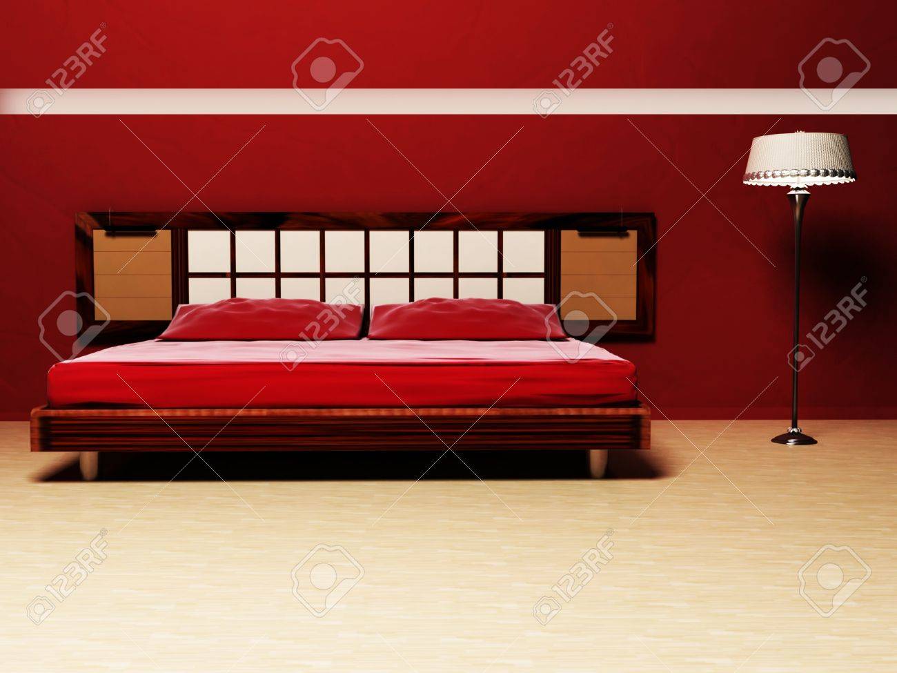 赤いベッドと床ランプ ベッド ルームのモダンなインテリア デザイン の写真素材 画像素材 Image