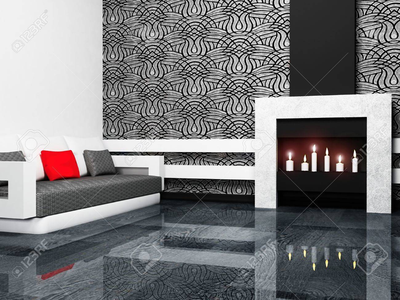 Modern interior design of living room with a fireplase and a sofa, minimalism, 3d rendering - 12975936 Modern interior design of living room with a fireplase and a sofa, minimalism, 3d rendering - 12975936