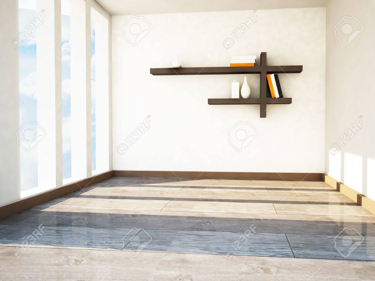 Una Habitacion Con Una Ventana Grande Y El Estante En La Pared