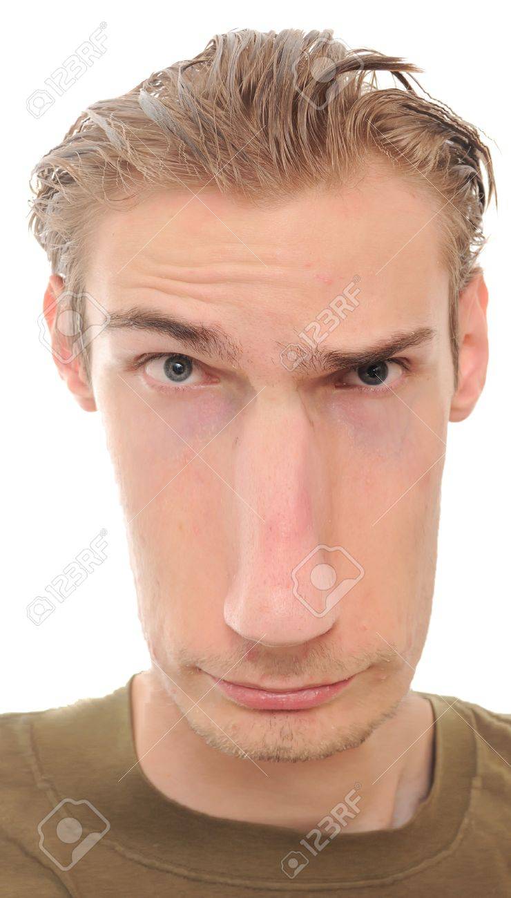 白い背景に分離されて本当に長い歪んだ顔と若い男 の写真素材 画像素材 Image
