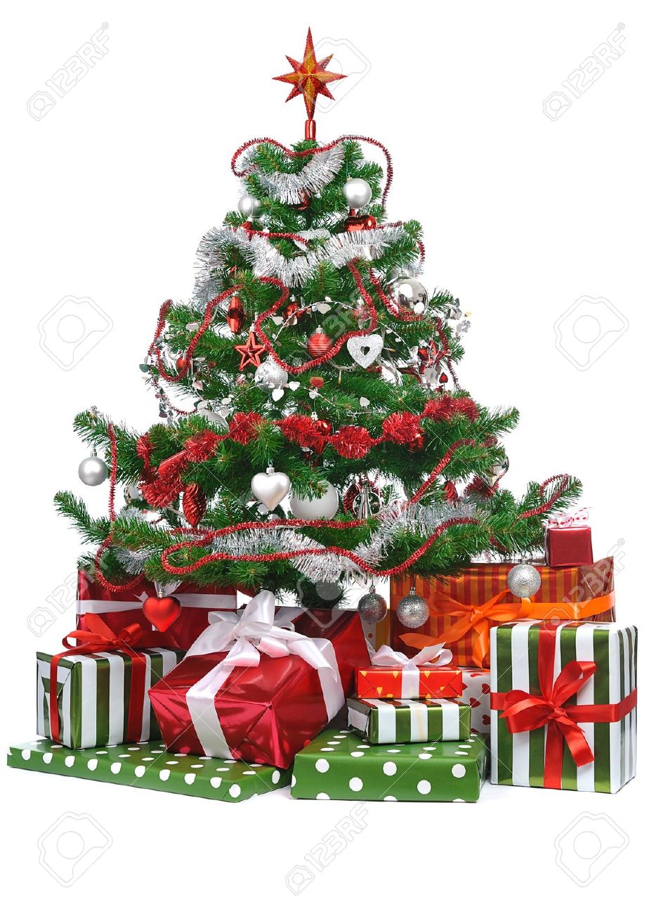 Gifts Under Decorated Christmas Tree Isolated On White Background Stock Photo