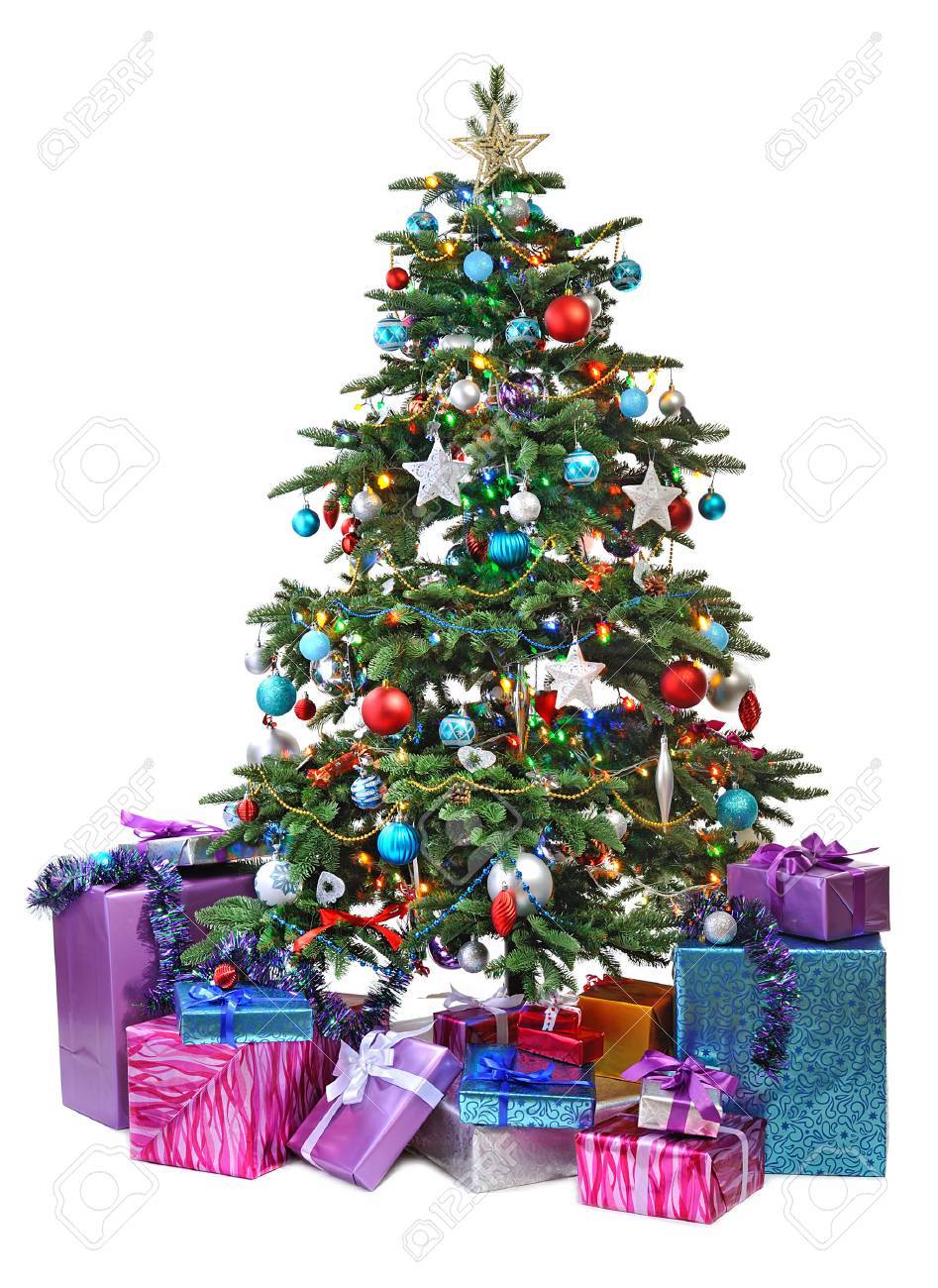 Decorado árbol De Navidad Con Regalos Aislados Sobre Fondo Blanco Fotos,  Retratos, Imágenes Y Fotografía De Archivo Libres De Derecho. Image  33976429.