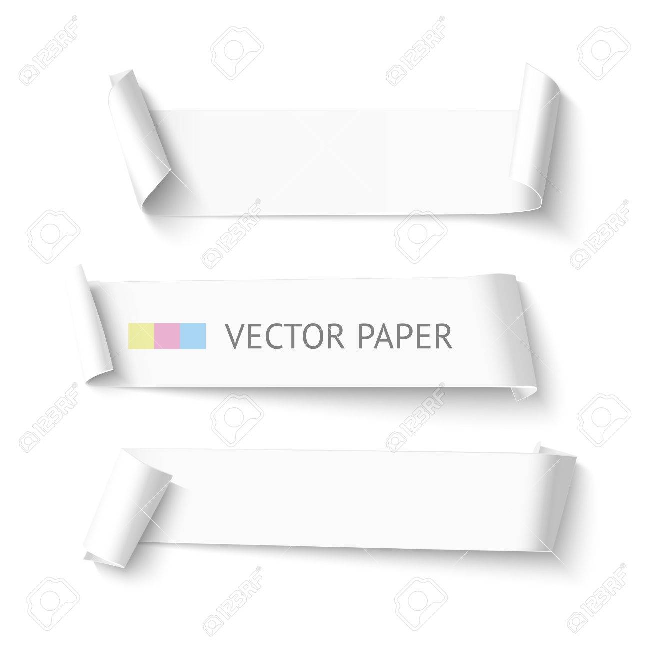 set of horizontal blank white curved paper ribbon banner realistic