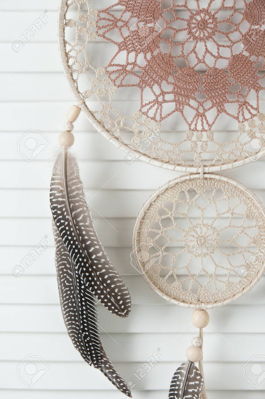 Beige Brown Dream Catcher On Door Close Up In Bedroom Interior