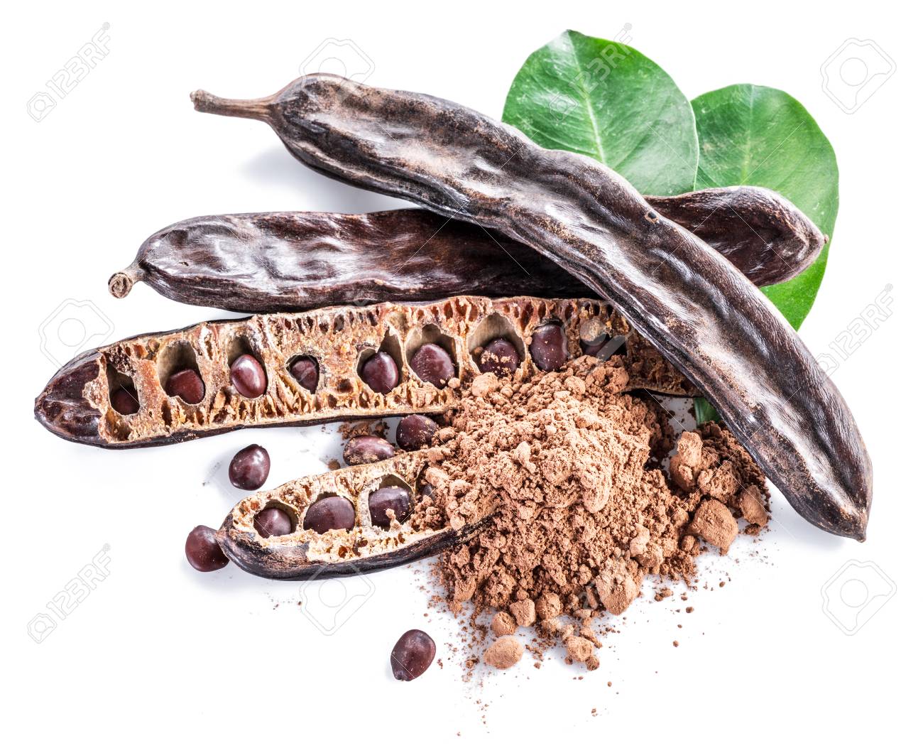 carob pods and carob powder on the white background stock photo carob