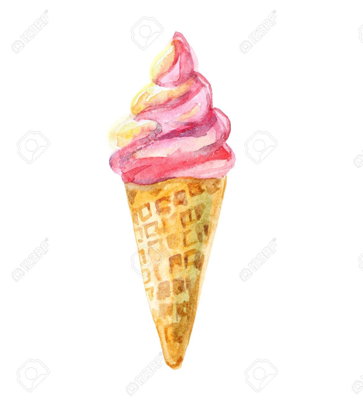 Eis In Einem Waffelkegel Auf Weißem Hintergrund. Aquarellabbildung  Lizenzfreie Fotos, Bilder Und Stock Fotografie. Image 77034903.