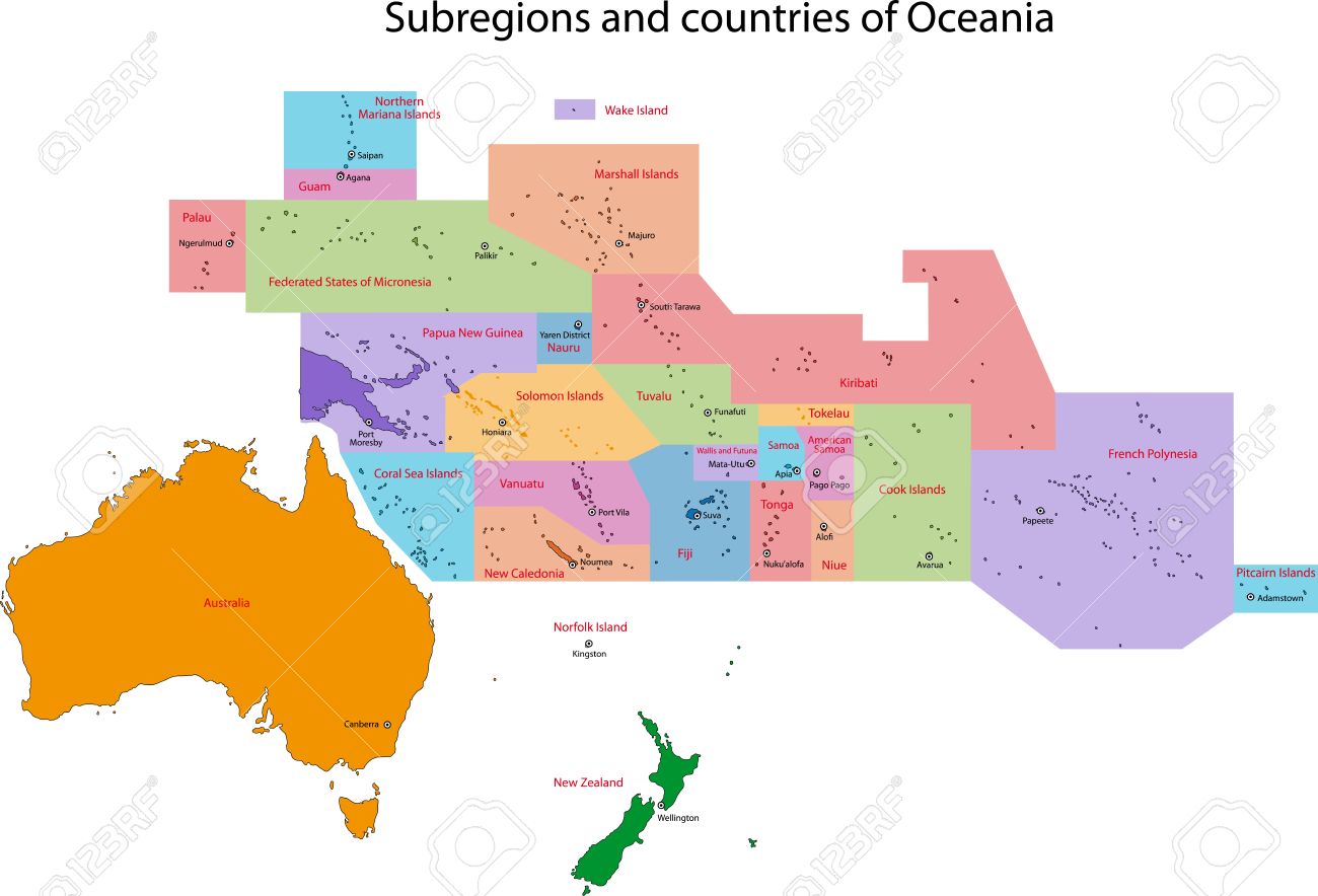 colorful oceania map with countries and capital cities stock vector 21687856