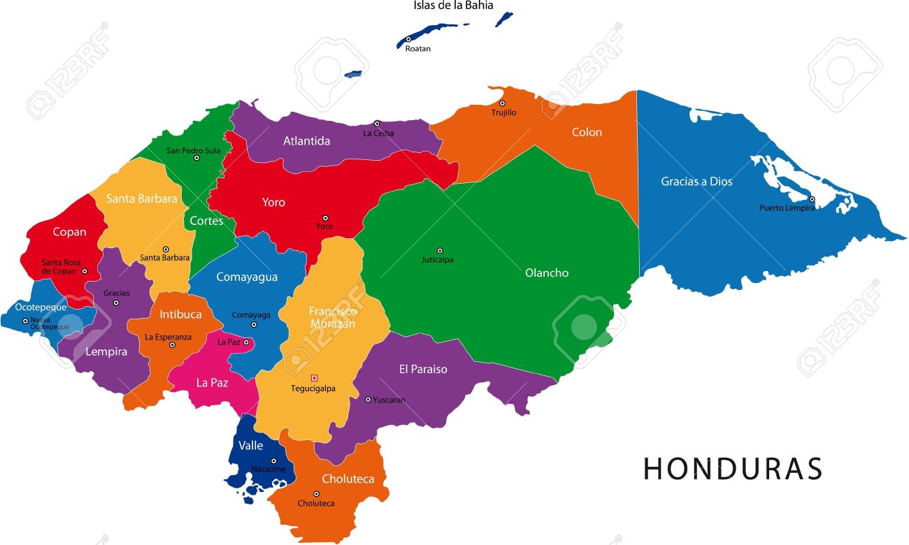 Mapa De Honduras Con Los Departamentos Mapa De La República De Honduras Con Los Departamentos De Color En Colores  Brillantes Y Las Principales Ciudades Ilustraciones Svg, Vectoriales, Clip  Art Vectorizado Libre De Derechos. Image 21757763.
