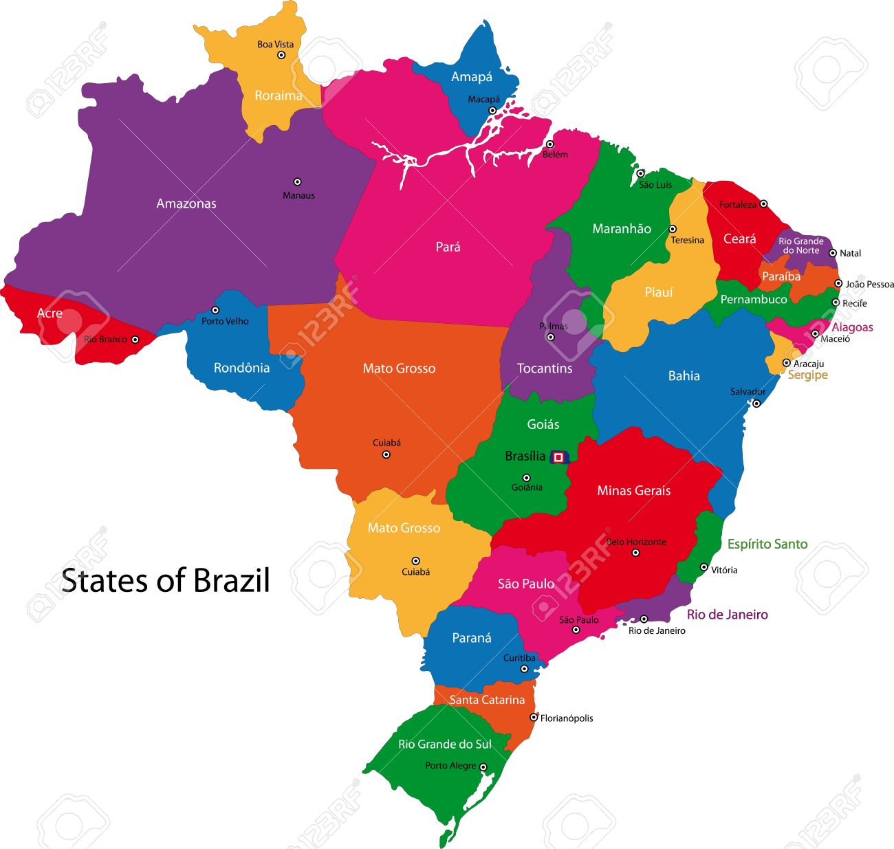 Colorful Brazil Map With States And Capital Cities Royalty Free Cliparts Vectors And Stock Illustration Image 21801377