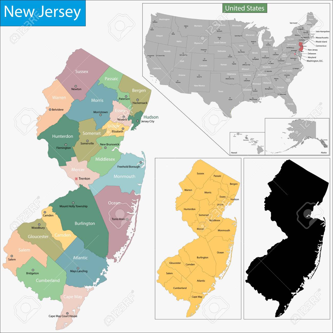Mapa De Nj Por Condados Mapa Del Estado De Nueva Jersey Diseñó En La Ilustración Con Los Condados Y  Los Asientos De Condado Ilustraciones Svg, Vectoriales, Clip Art  Vectorizado Libre De Derechos. Image 33333902.