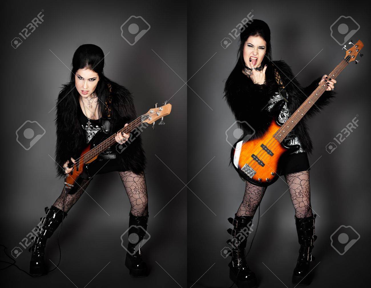 シリーズ ギターとスタジオで揺り動かしたの若い女性のファッション スタイル写真 の写真素材 画像素材 Image