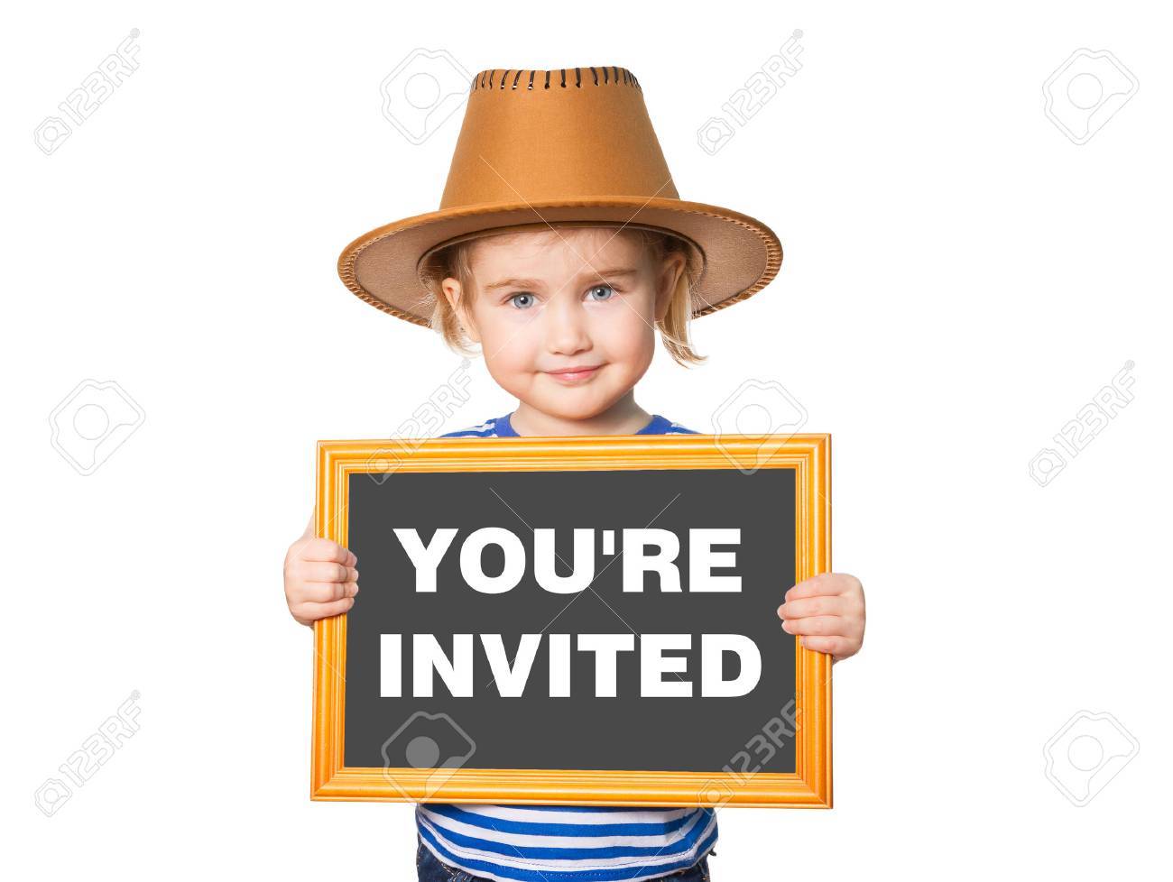 Little Funny girl in striped shirt with blackboard. Text YOU'RE INVITED. Isolated on white background. - 50884933 Little Funny girl in striped shirt with blackboard. Text YOU'RE INVITED. Isolated on white background. - 50884933