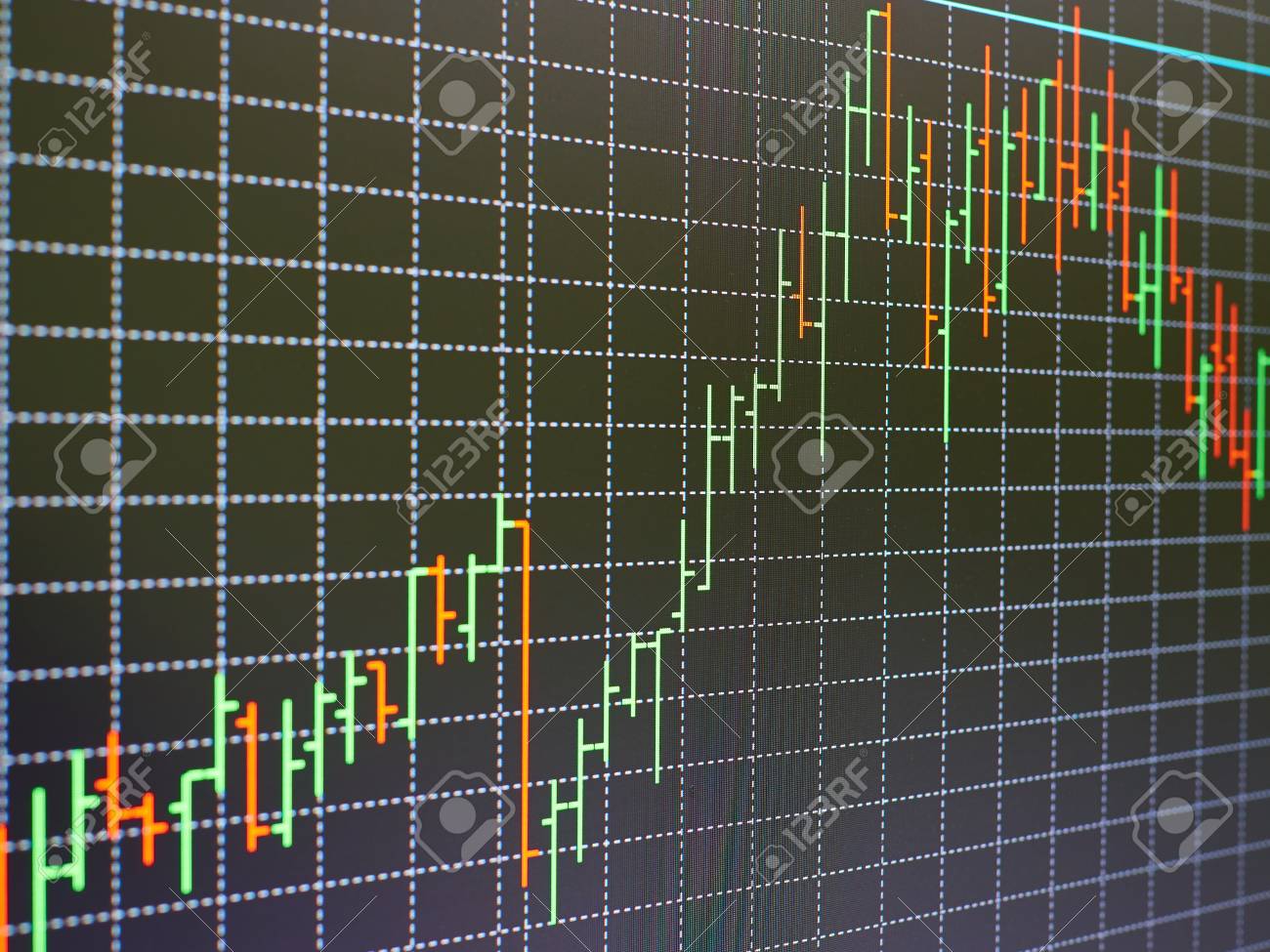 株式市場チャート、黒い背景上のグラフ。 株価の変動レポートの市場分析で使用するローソク足チャートと金融の図。外国為替。の写真素材・画像素材 Image  53131222